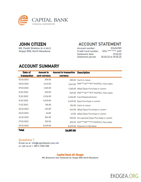 Modèle Excel et PDF de relevé de la Banque capitale de Macédoine du Nord